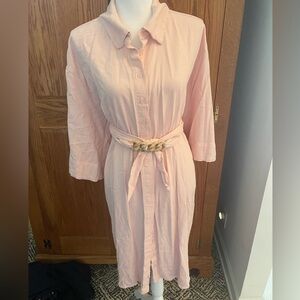 ELOQUII Linen Blend Pink Belted Button Front Shirt Dress